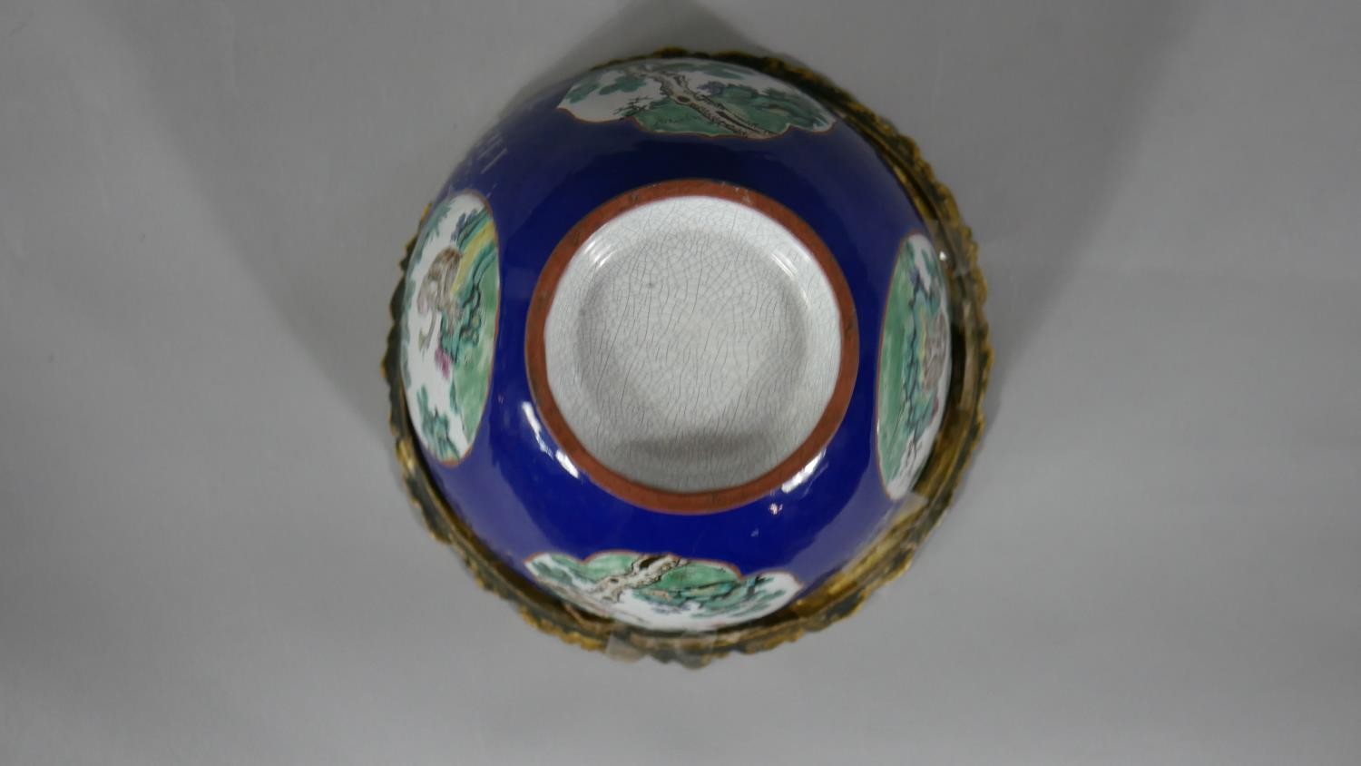 A Chinese hand painted ceramic bowl (used to be a vase) with added gilt ormolu edge. The bowl with a - Image 7 of 7