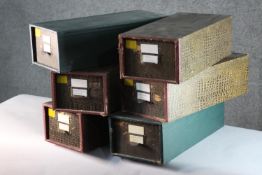 A collection of six vintage faux crocodile skin desk top filing boxes. H.12 W.17 D.39cm.