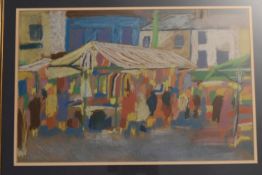 A framed and glazed pastel study. Impressionist market scene with figures, unsigned. H.48 W.64cm