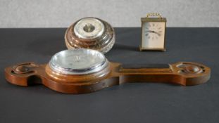 An oak barometer along with a circular Serpentine marble barometer by Shortland Smiths and an Armand