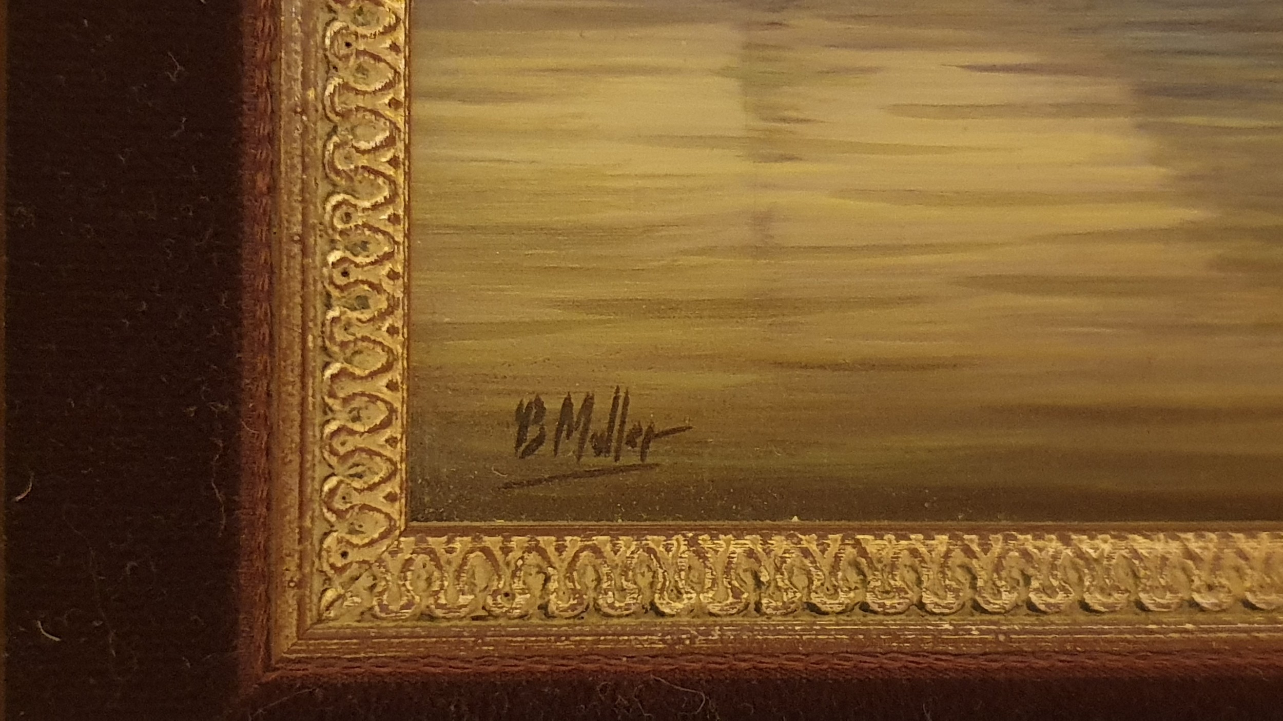 A carved gilt framed 19th century Dutch oil on board of sailing boats in the harbour. Signed B. - Image 4 of 4