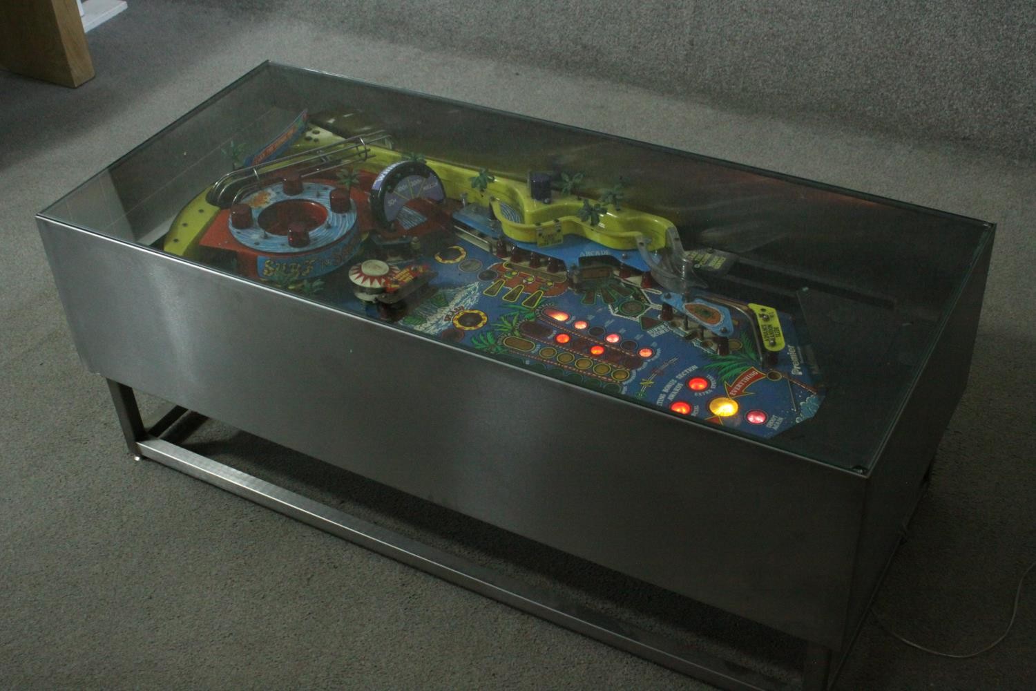 A contemporary metal framed coffee table with the major section of a vintage pinball table to the - Image 3 of 6