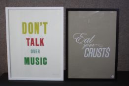 Two framed and glazed limited edition typographical posters. Both indistinctly signed. H.65 W.50 cm.