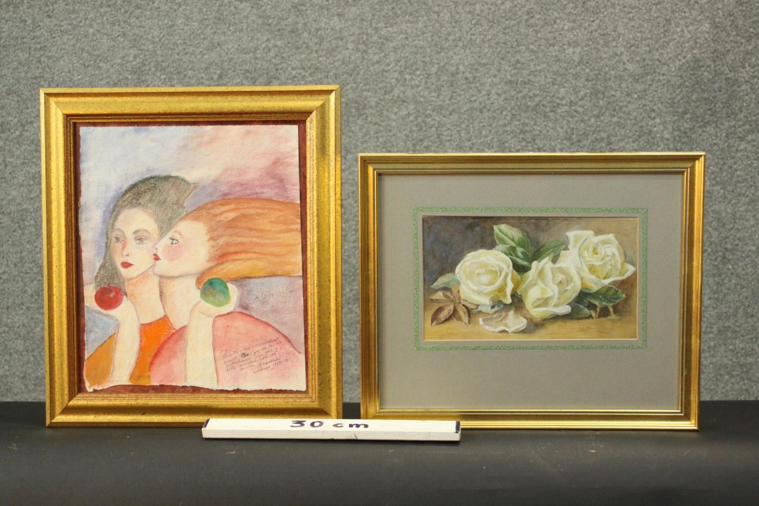 A gilt framed and glazed watercolour of white roses along with a framed and glazed pastel of two - Image 2 of 6