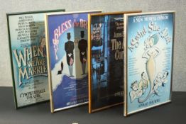 Four framed and glazed vintage coloured theatre production posters. H.52 W.14cm.