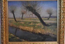 Wilfred S Pettitt, a gilt framed oil on board, "A Willowed Dam in Spring" signed with label to the