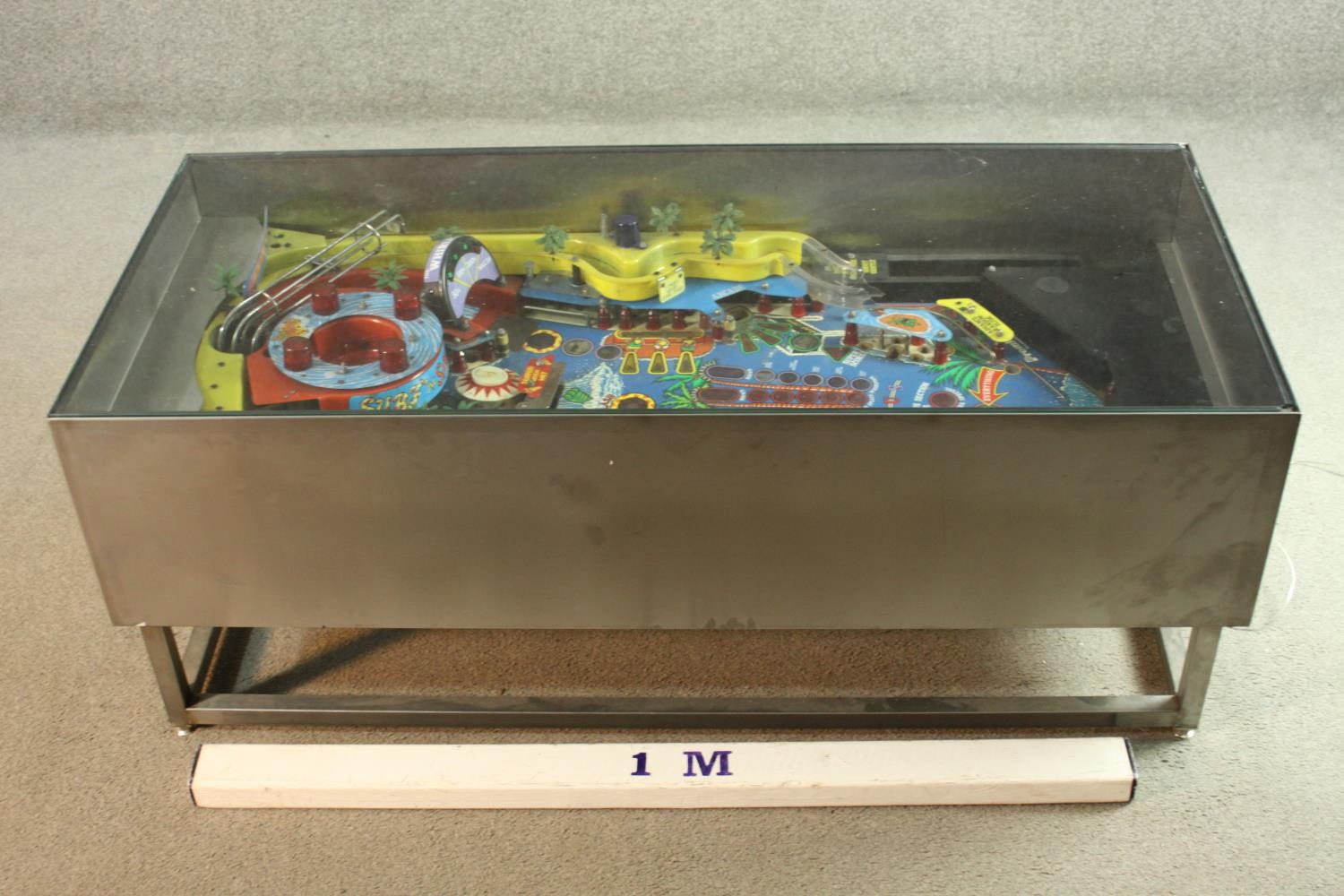 A contemporary metal framed coffee table with the major section of a vintage pinball table to the - Image 2 of 6