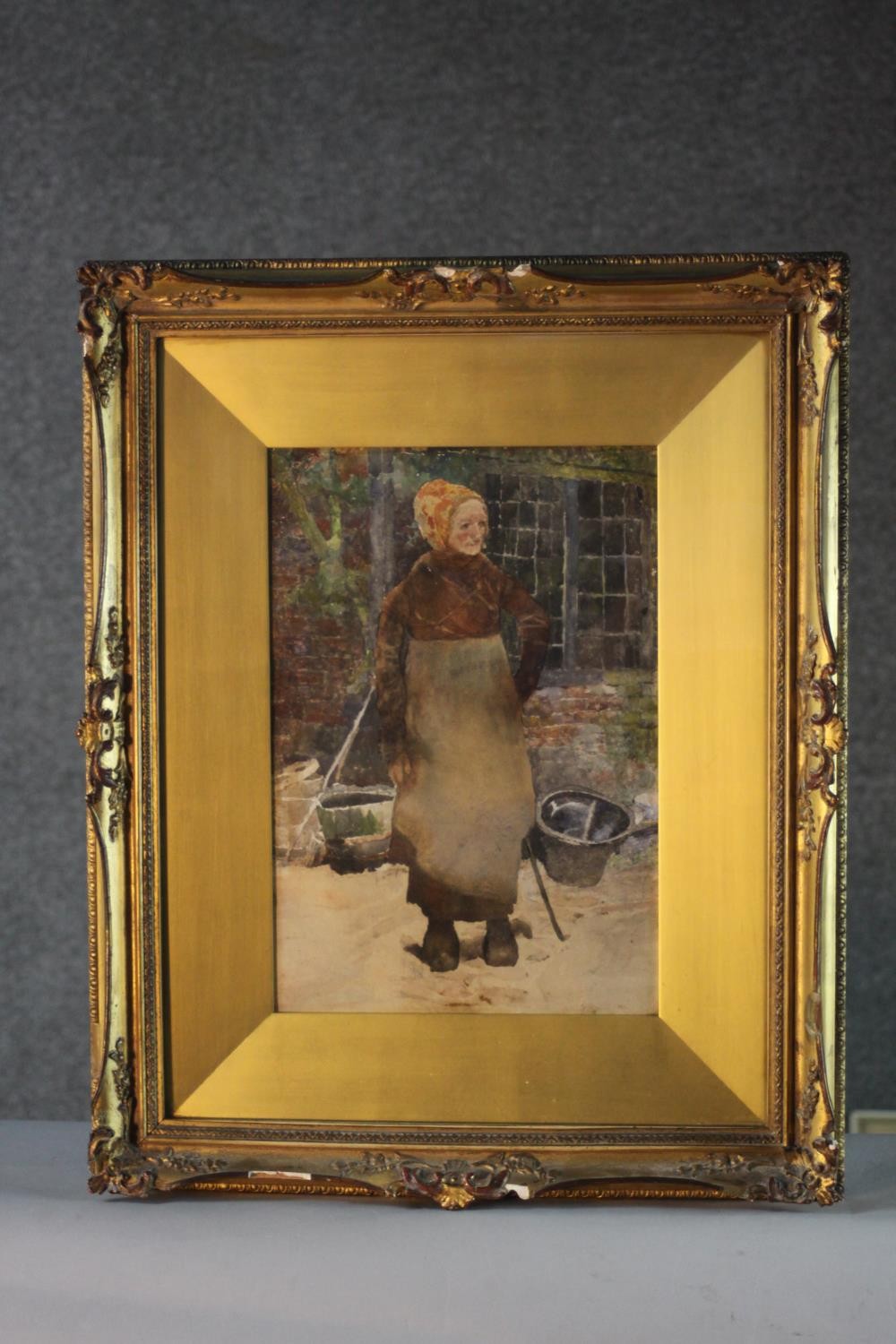 David Woodlock (1842 - 1929) A gilt framed and glazed watercolour of a Breton woman carrying - Image 2 of 6
