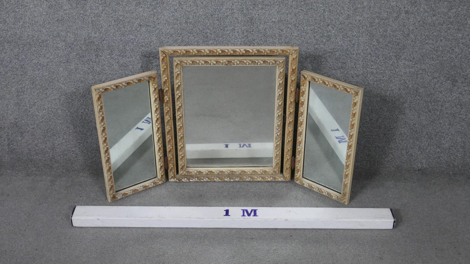 An early 20th century triptych carved and painted dressing table mirror with foliate design and - Image 2 of 6