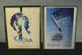 Two framed and glazed coloured posters. One for the French film Diva the other for a musical