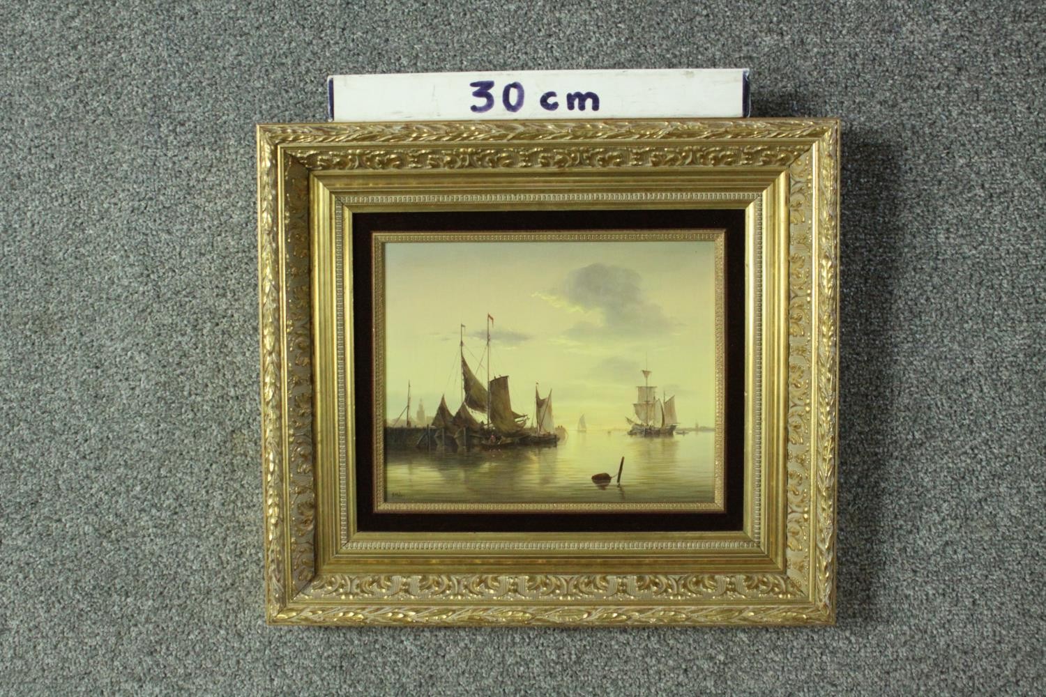 A carved gilt framed 19th century Dutch oil on board of sailing boats in the harbour. Signed B. - Image 3 of 4