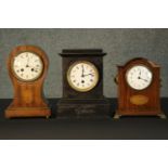 Two Edwardian mahogany and satinwood inlaid mantel clocks along with a late 19th century slate