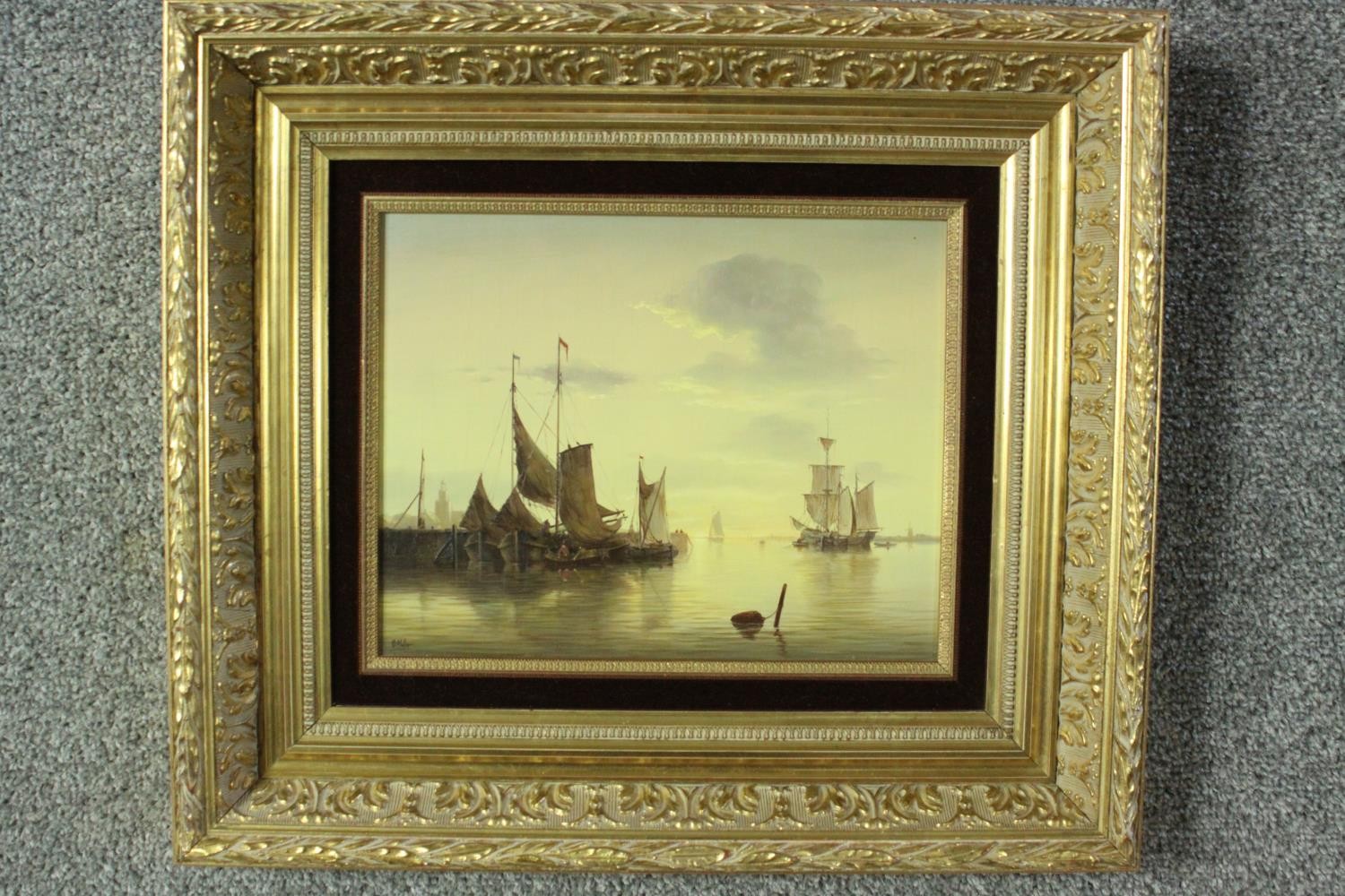 A carved gilt framed 19th century Dutch oil on board of sailing boats in the harbour. Signed B. - Image 2 of 4