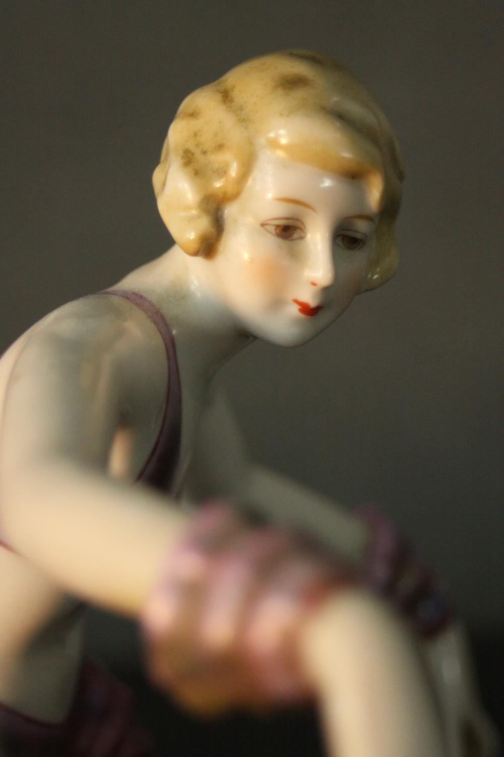 A Fasold & Stauch Bock, Wallendorf Art Deco figure of a young woman in a pink ruffle dress in - Image 5 of 8
