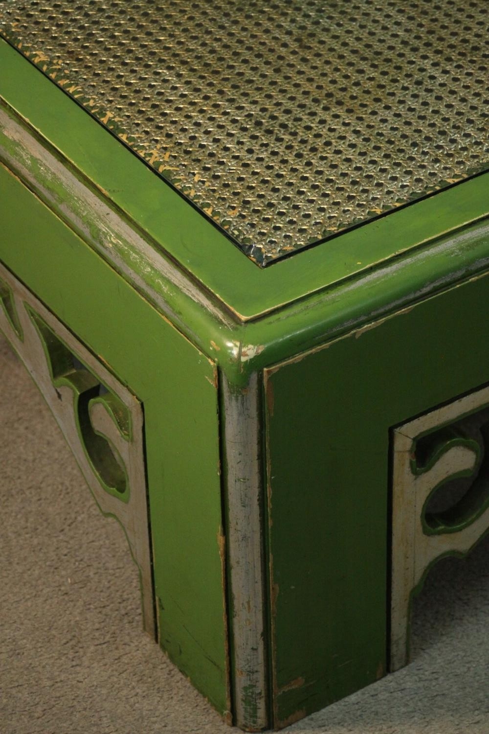 Low table, mid century painted and lacquered Chinese style with plate glass top. H.37 W.101 D.101 - Image 7 of 8