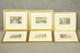 Six gilt framed and glazed 19th century hand coloured engravings, some political. H.40 W.46cm.