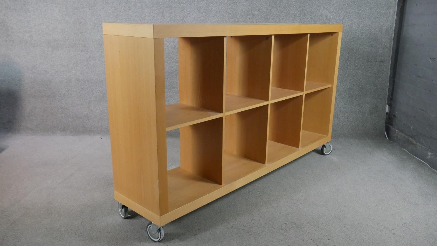 Bookcase, contemporary open shelves on wheeled casters. H.97 W.162 D.36cm - Image 5 of 5