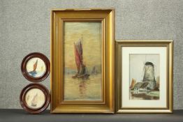 A gilt framed oil on canvas of a sailing boat along with three framed and glazed watercolours. Two