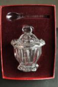 A boxed Baccarat crystal Harcourt Missouri jam jar with spoon. Stamped to the base. H.19 W.14cm (