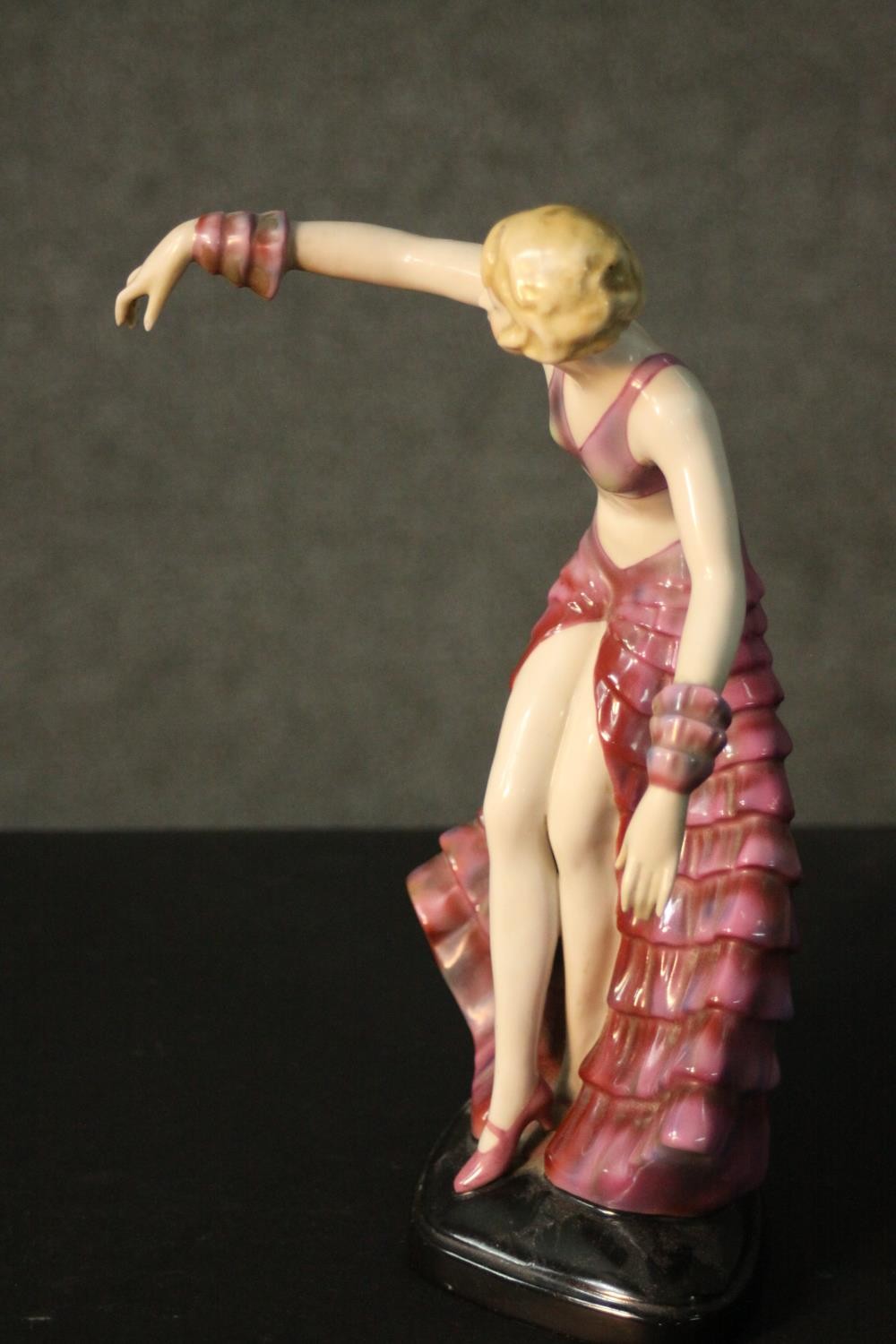 A Fasold & Stauch Bock, Wallendorf Art Deco figure of a young woman in a pink ruffle dress in - Image 3 of 8
