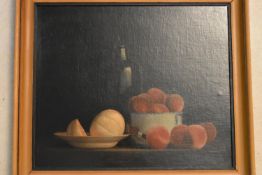 Nicolas Watine (B.1946), a gilt framed oil on board, still life, Melon et Peches. H.55 W.63cm