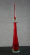A Murano uranium and red cased art glass spire decanter with stopper. H.58 Diam.9.5cm