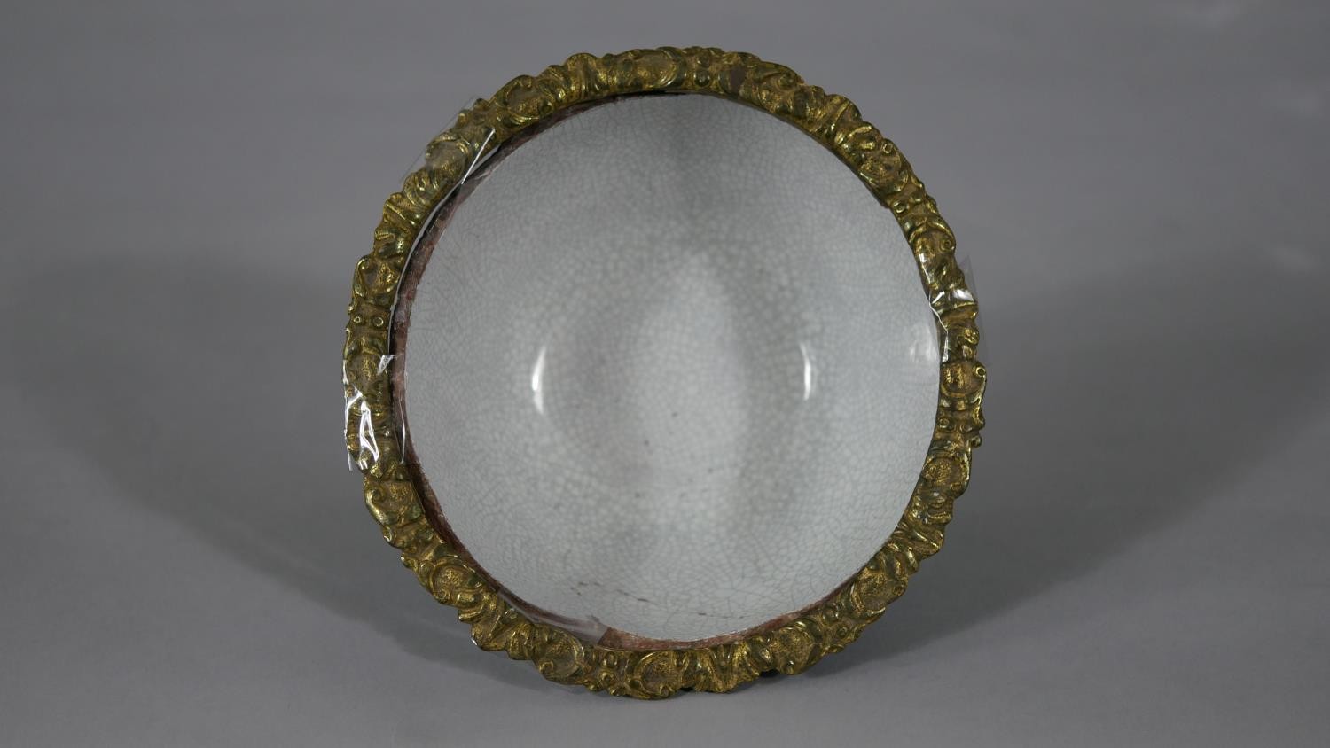 A Chinese hand painted ceramic bowl (used to be a vase) with added gilt ormolu edge. The bowl with a - Image 5 of 7