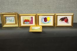 Four gilt framed watercolours of fruit, signed Anamae. Along with a framed oil on canvas of