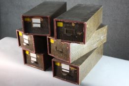 A collection of six vintage faux crocodile skin desk top filing boxes. H.12 W.17 D.39cm.