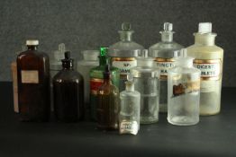 A collection of thirteen 19th and 20th century clear and coloured glass apothecary jars and bottles.