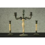 A 19th century style bronzed and faux marble candelabra and a pair of matching candlesticks. H.36