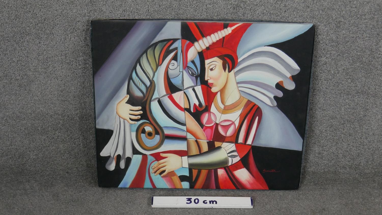 After Misha Borisoff- A surrealist oil on canvas of a figure with a unicorn. Signed Smith. H.51 W. - Image 5 of 5