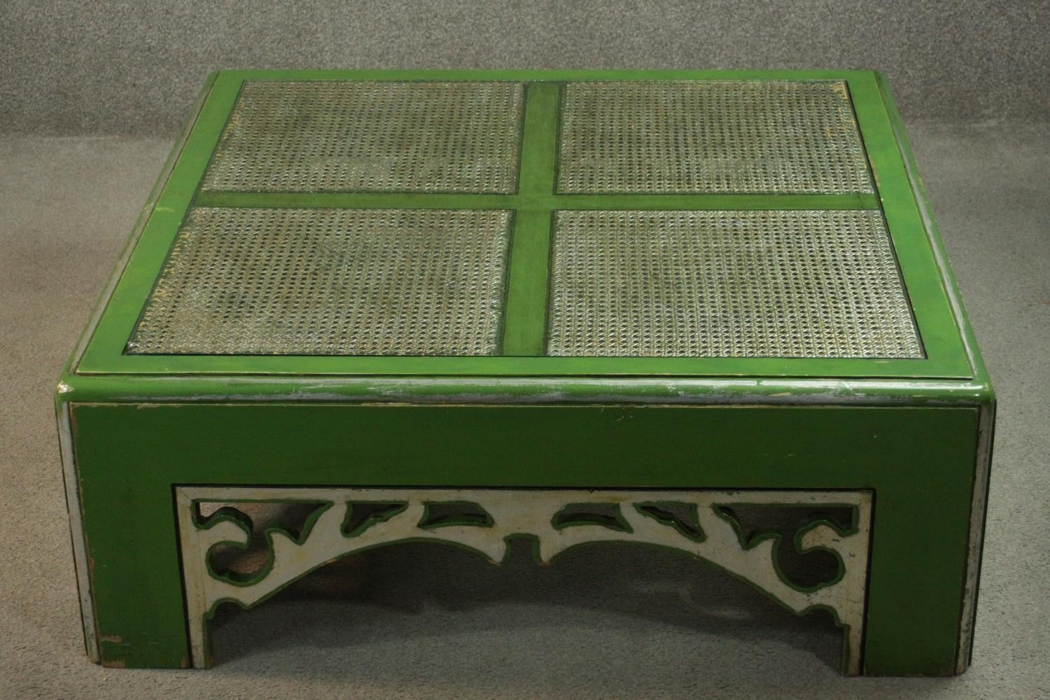 Low table, mid century painted and lacquered Chinese style with plate glass top. H.37 W.101 D.101