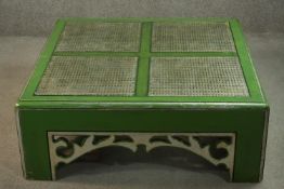 Low table, mid century painted and lacquered Chinese style with plate glass top. H.37 W.101 D.101