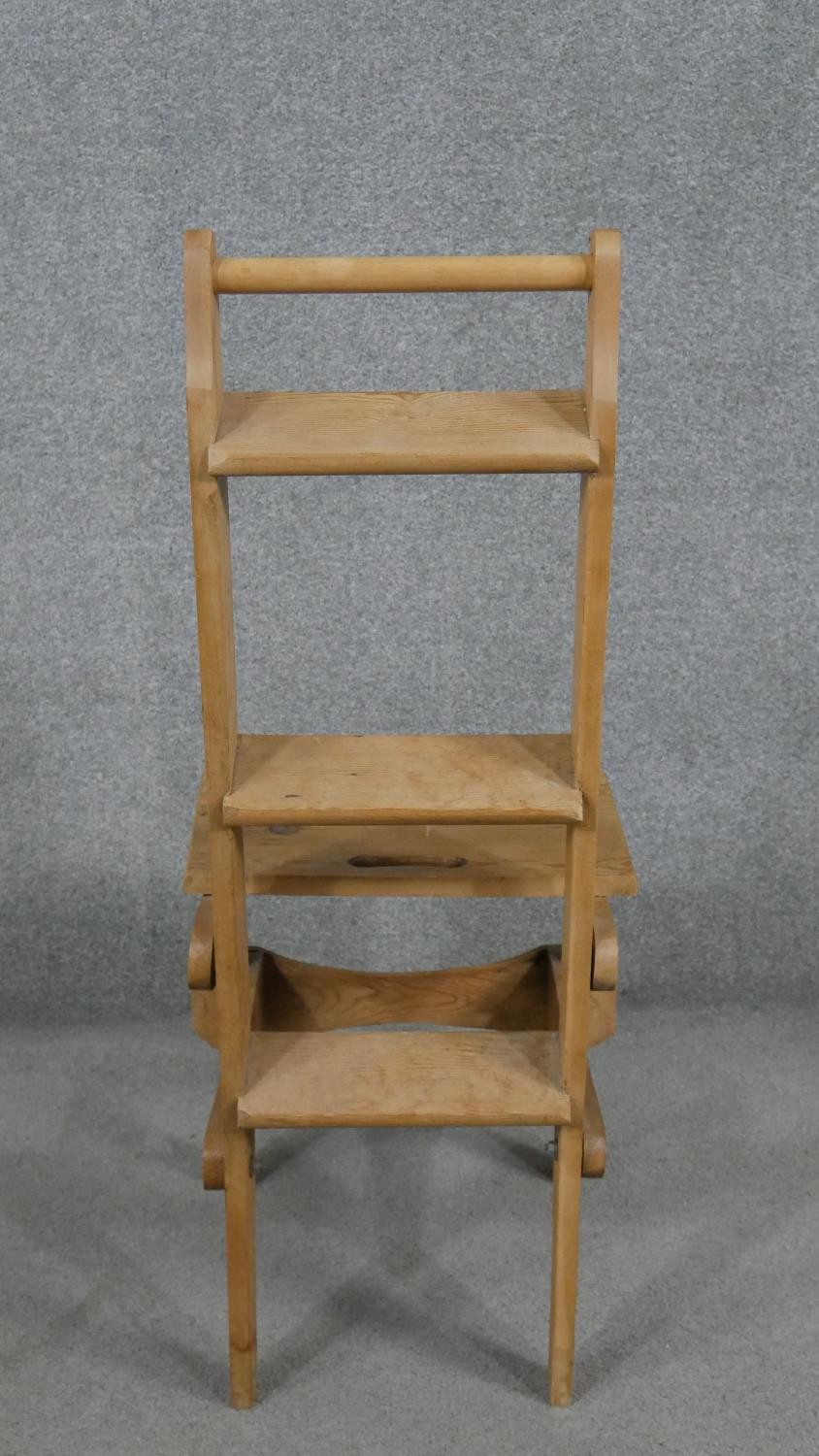 A set of pine metamorphic library steps converting to a side chair. - Image 3 of 6