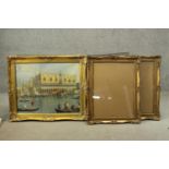 A large giltwood framed and glazed print of Venice along with two giltwood foliate design frames.