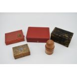 A 19th century treen chemist's bottle container, two gaming cases containing cards, a papier mache