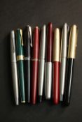 A collection of nine vintage fountain pens, including Parker and Sheaffer. Various models.