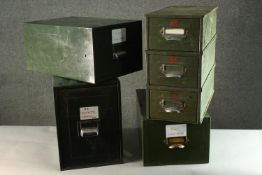 A miscellaneous collection of vintage metal desk top filing cabinets. H.36 W.20 D.40cm. (largest)