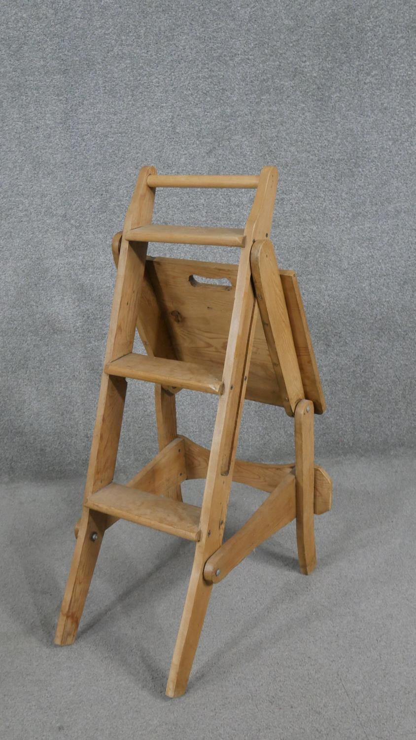 A set of pine metamorphic library steps converting to a side chair. - Image 5 of 6