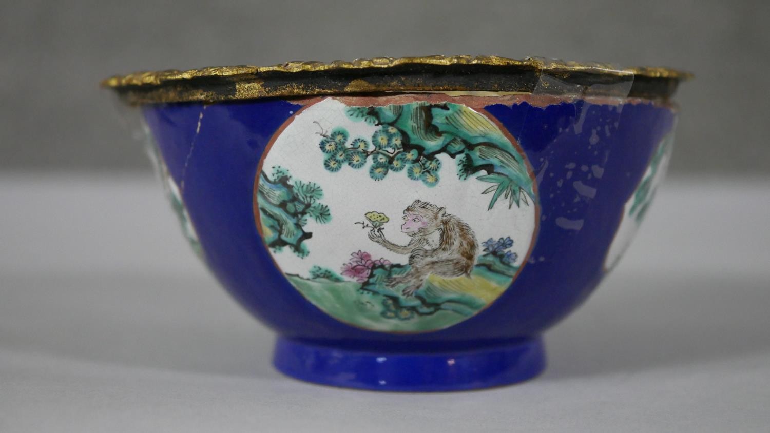 A Chinese hand painted ceramic bowl (used to be a vase) with added gilt ormolu edge. The bowl with a - Image 3 of 7