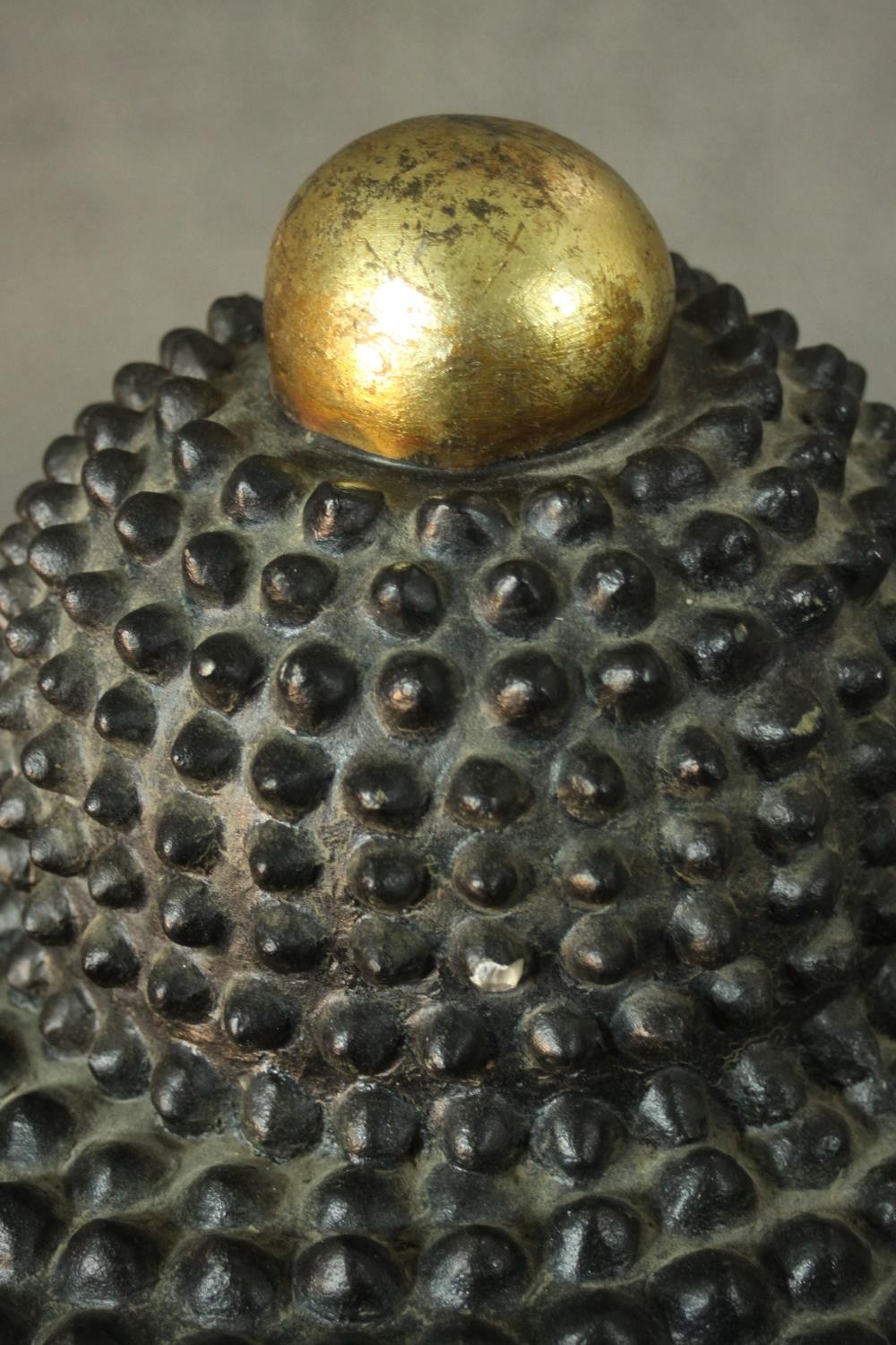 A 20th century gilded carved wooden Buddha head on a pedestal base. H.55 W.30cm. - Image 6 of 6