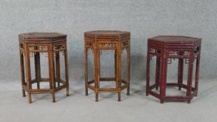 Three Chinese bamboo hexagonal occasional tables, including a near pair and a painted example H.50