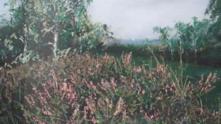 A framed and glazed oil pastel on paper titled ' Heather at Shirley Hills, Croydon', Unsigned, label