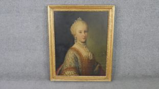 A 19th century gilt framed oil on board of a noble woman with tiara. Unsigned. H.83 W.68cm