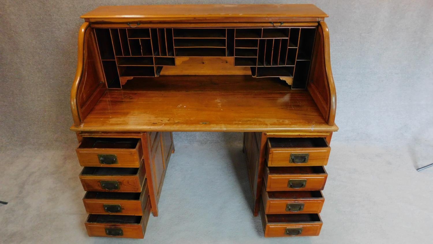 An American style teak roll top desk with fitted pigeon hole interior on pedestal bases fitted - Image 2 of 7