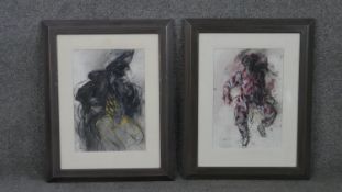 Two framed and glazed watercolours of harlequins, indistinctly signed. H.57 W.45cm