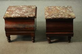 Two 19th century mahogany commodes each with a marble top. H.40cm.