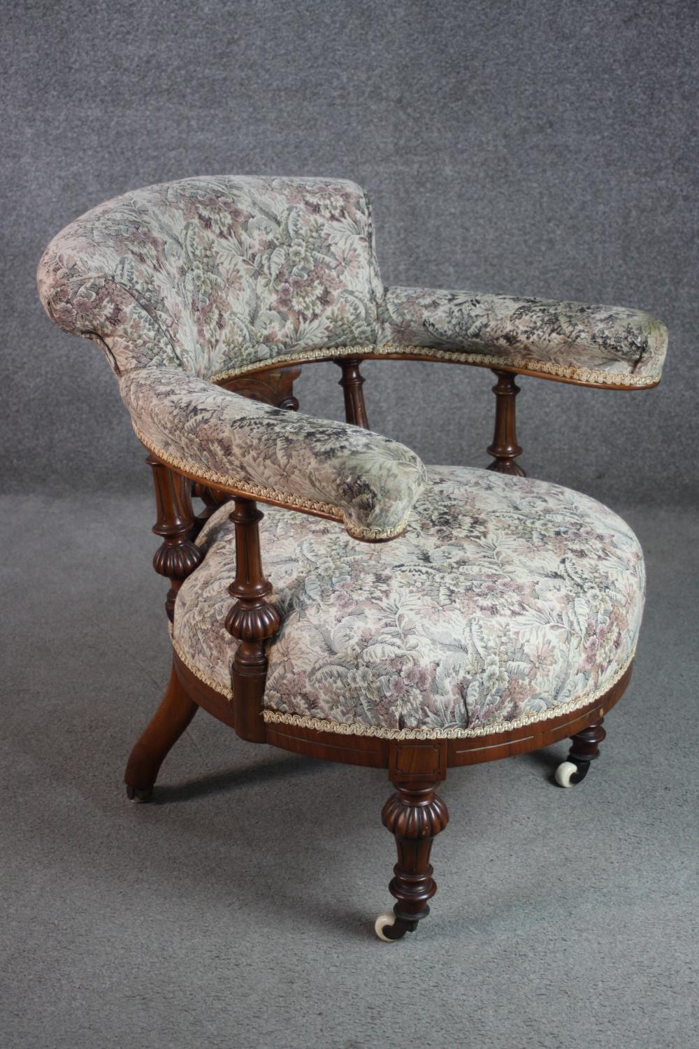 A Victorian walnut armchair, upholstered in a tapestry fabric, with a pierced splat back, on lobed - Image 2 of 6