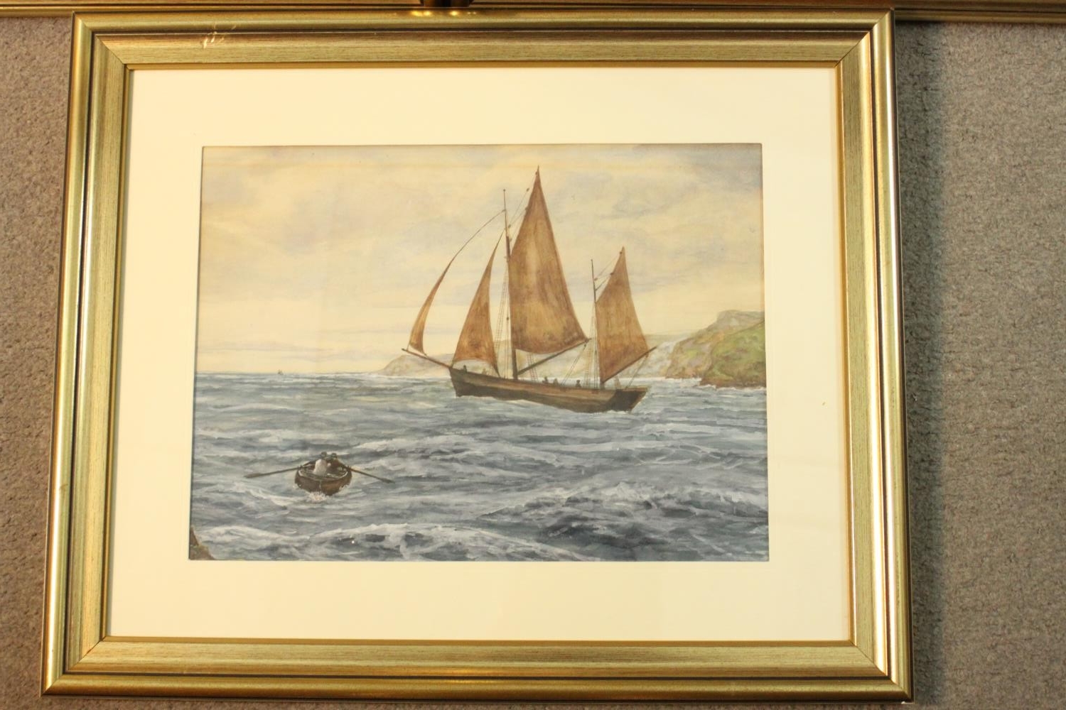 Three framed and glazed watercolours. Two of coastline landscapes and one of sailing boats. H.58 W. - Image 2 of 5